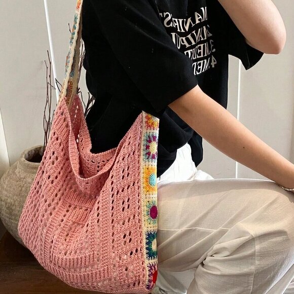 Pink Vacation Women's Hollow Knitted Contrast Color Flower Crossbody Bag - Picture 6 of 7